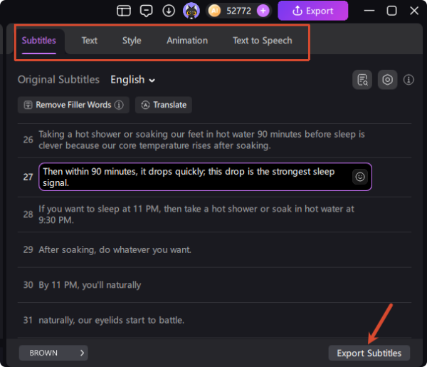 Step 3 Edit transcript text and export in multiple formats