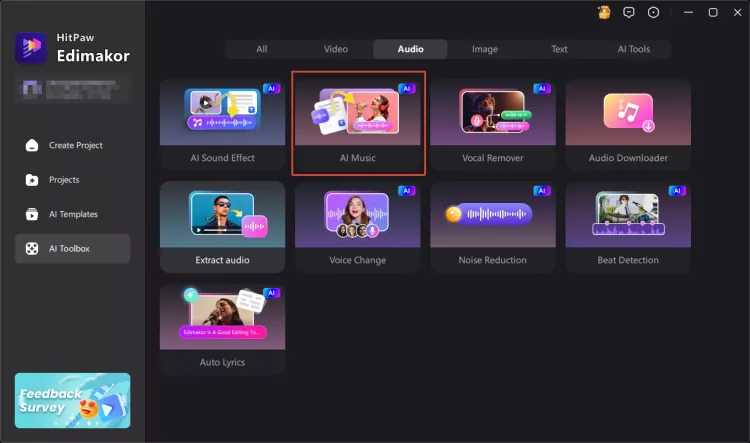 Step 1 - Open the Toolbox and select AI Music to launch the text to song generator