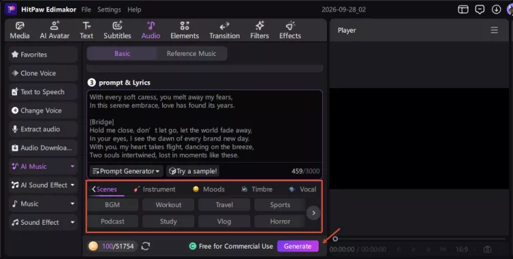 Step 3 - Set the style and click Generate to create and edit your song