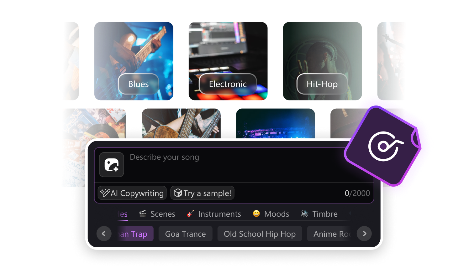 Text to full song creation - describe a theme and AI generates a complete track in minutes