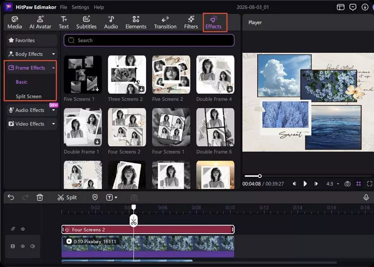Selecting a split screen frame effect layout in Edimakor