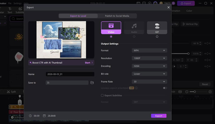 Exporting the finalized video collage