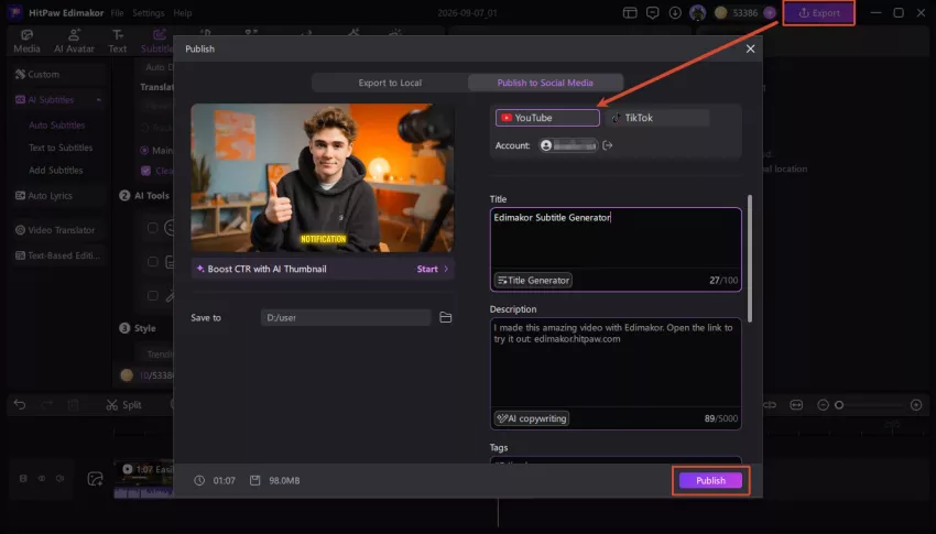 publish to youtube
