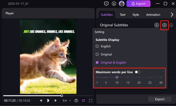 hitpaw edimakor auto subtitle - adjust subtitle length