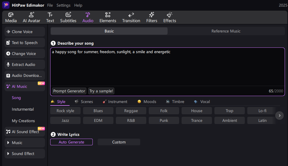 how to use edimakor ai music