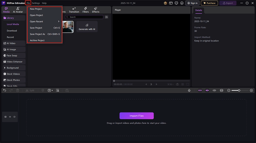 Edimakor drag drop files