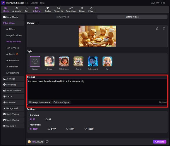 prompt for video to video ai model